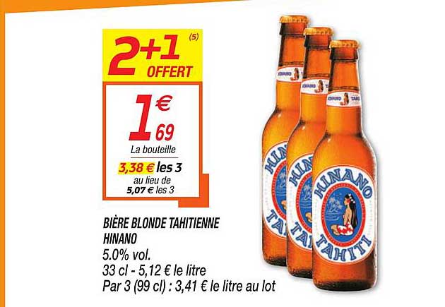 bière blonde tahitienne hinano 2+1 offert