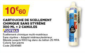 cartouche de scellement chimique sans styrène 300 ml + 2 canules coteka