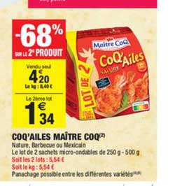 coq'ailes maître coq -68% sur le 2e produit