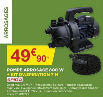pompe arrosage 800 w + kit d'aspiration 7 m spido