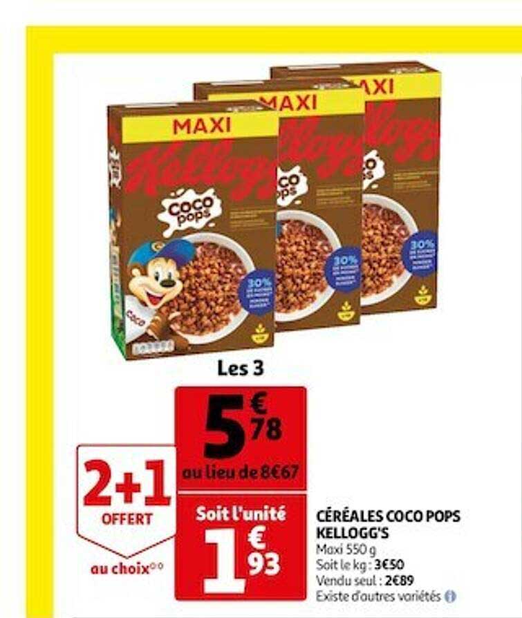 céréales coco pops kellogg's 2+1 offert au choix