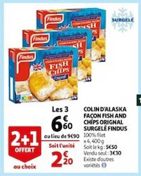 colin d'alaska façon fish and chips original surgelé findus 2+1 offert au choix