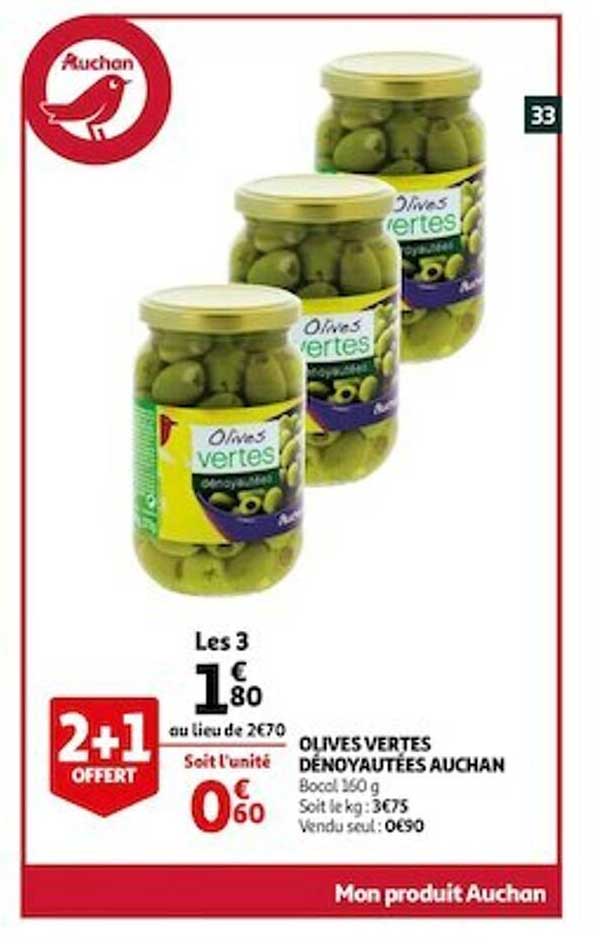 Olives Vertes Dénoyautées Auchan 2+1 Offert
