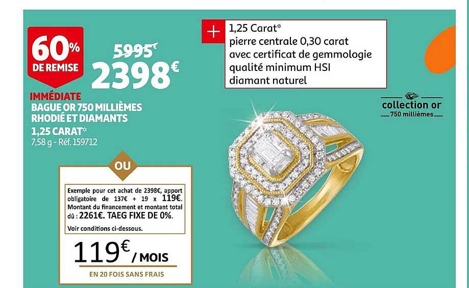 bague or 750 millièmes rhodié et diamants 1,25 catat