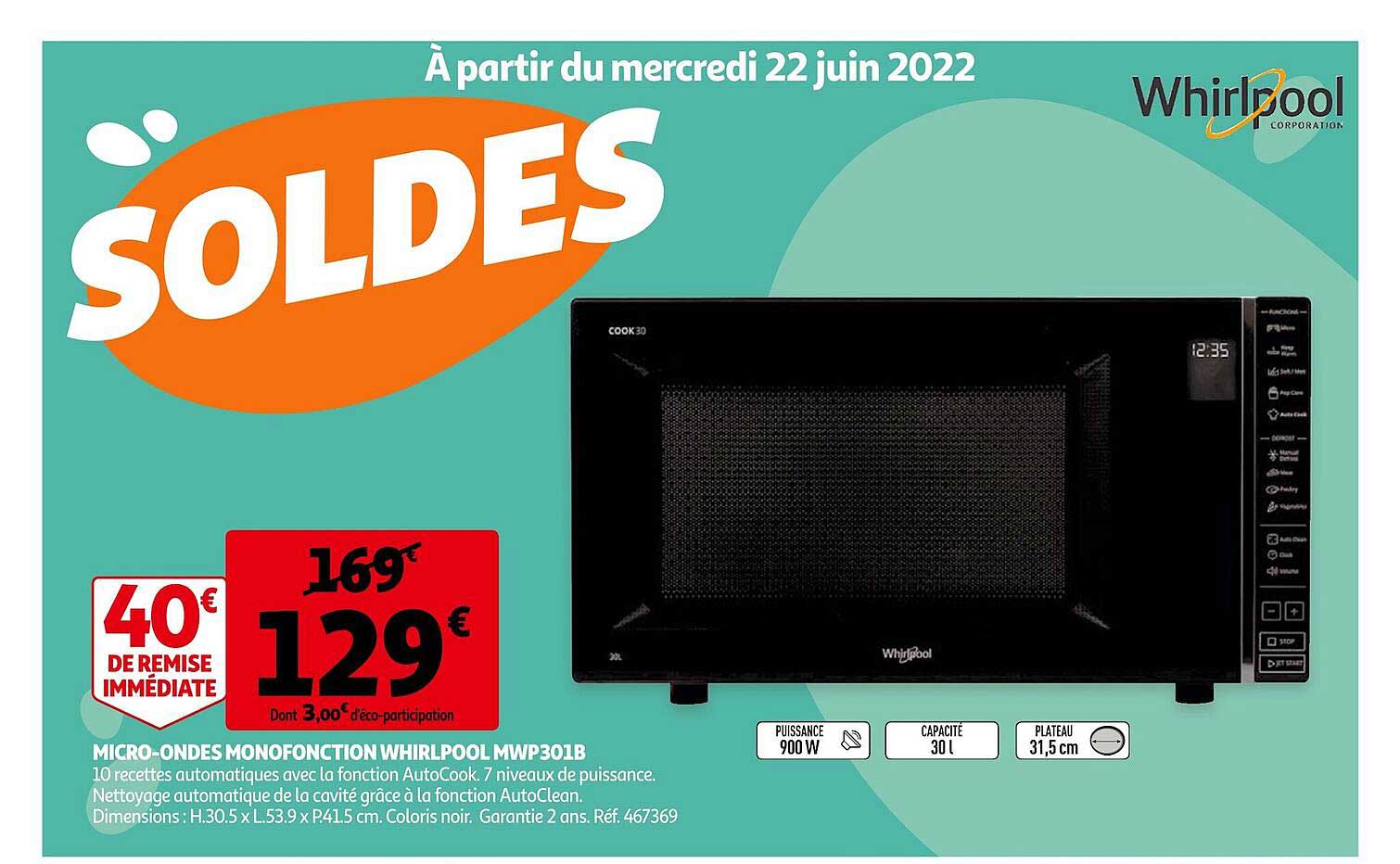 micro-ondes monofonction whirlpool mwp3018