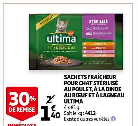 sachets fraîcheur pour chat stérilisé au poulet, à la dinde au boeuf et à l'agneau ultima
