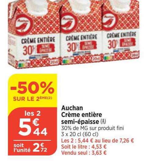 auchan crème entière semi-épaisse