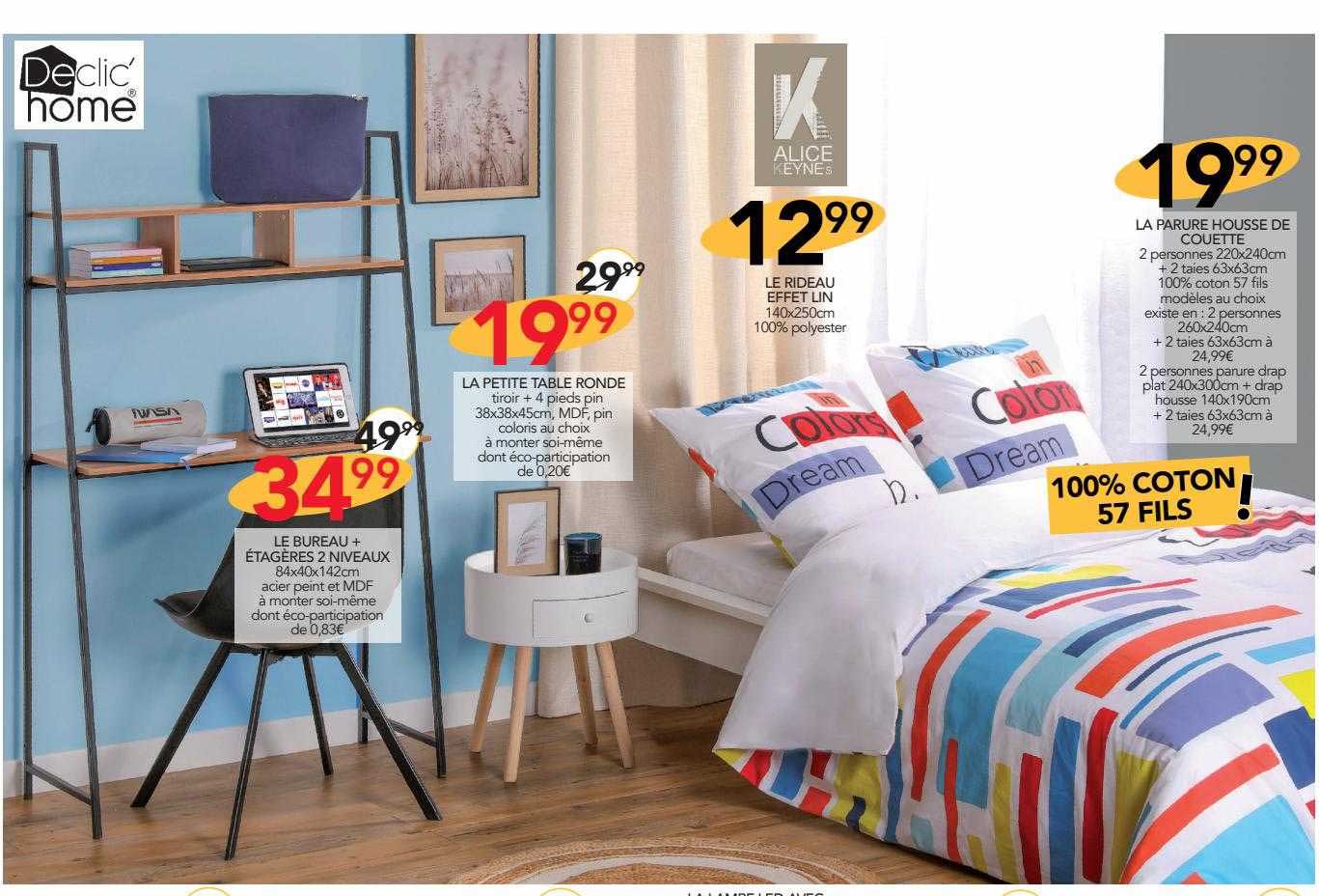 Le Bureau + étagères 2 Niveaux, La Petite Table Ronde, Le Rideau Effet Lin, La Parure Housse De Couette