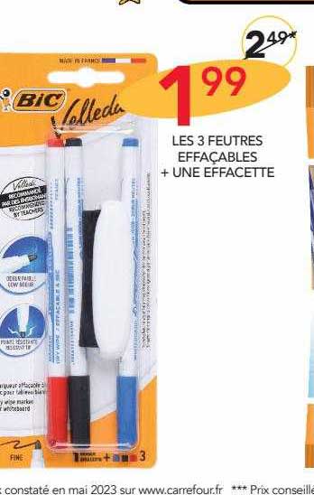 les 3 feutres effaçables + une effacette bic