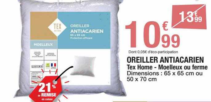 Oreiller Antiacarien Tex Home - Moelleux Ou Ferme