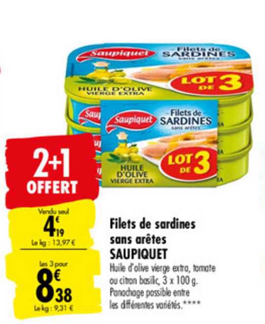 filets de sardines sans arêtes saupiquet 2+1 offert