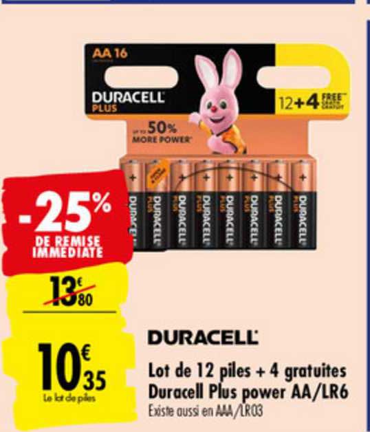 lot de 12 piles + 4 gratuites duracell plus power aa lr6 -25% de remise immédiate