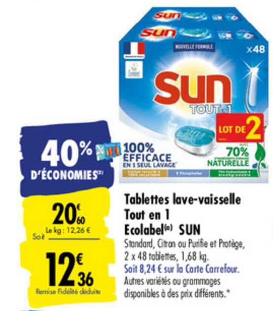tablettes lave vaissselle tout en 1 ecolabel sun