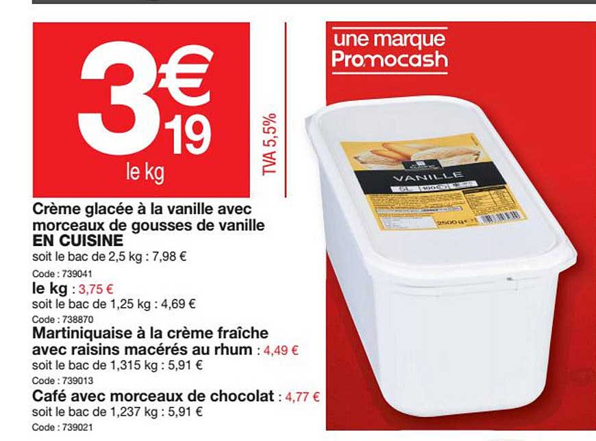 crème glacée à la vanille avec morceaux de gousses de vanille en cuisine, martiniquaise à la crème fraîche avec raisins macérés au rhum, café avec morceaux de chocolat