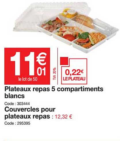 Plateaux Repas 5 Compartiments Blancs, Couvercles Pour Plateaux Repas