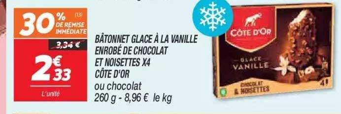 bâtonnet glace à la vanille enrobé de chocolat et noisettes x4 côte d'or