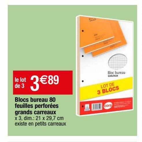 blocs bureau 80 feuilles perforées grands carreaux