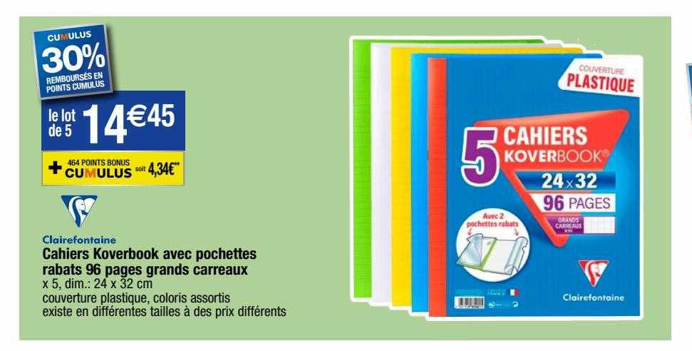 clairefontaine cahiers koverbook avec pochettes rabats 96 pages grands carreaux