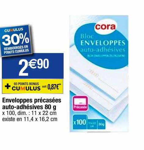 enveloppes précasées auto-adhésives 80g cora
