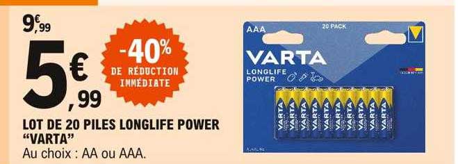 lot de 20 piles longlife power "varta"