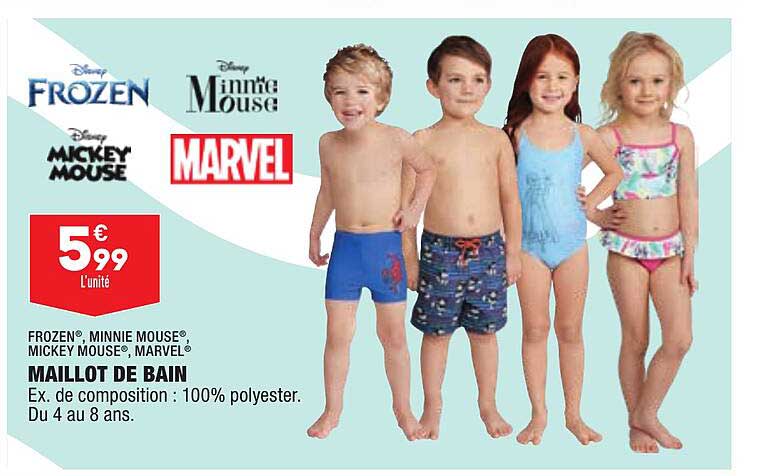 maillot de bain frozen, minnie mouse, mickey mouse, marvel