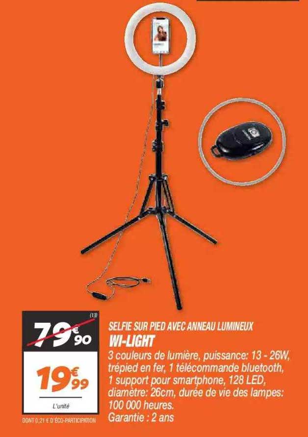 selfie sur pied avec anneau lumineux wi-light