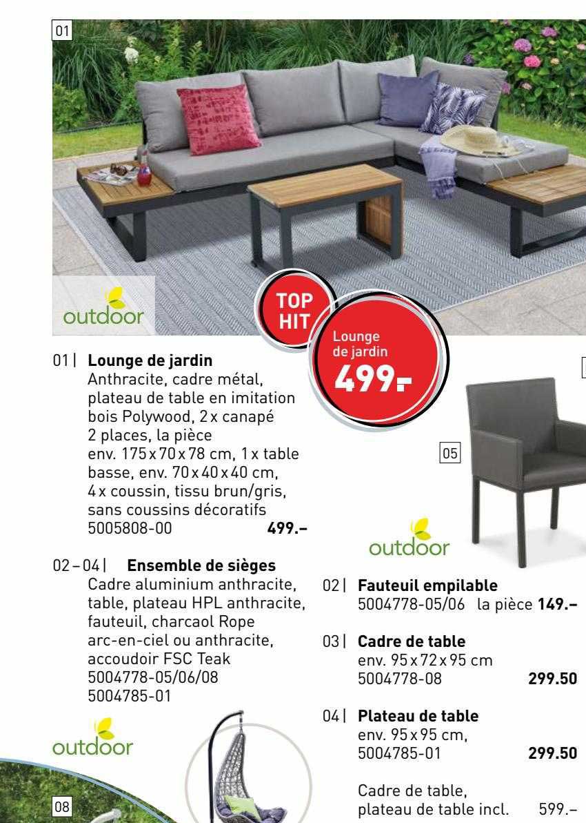 lounge de jardin, ensemble de sièges, fauteuil empilable, cadre de table, plateau de table