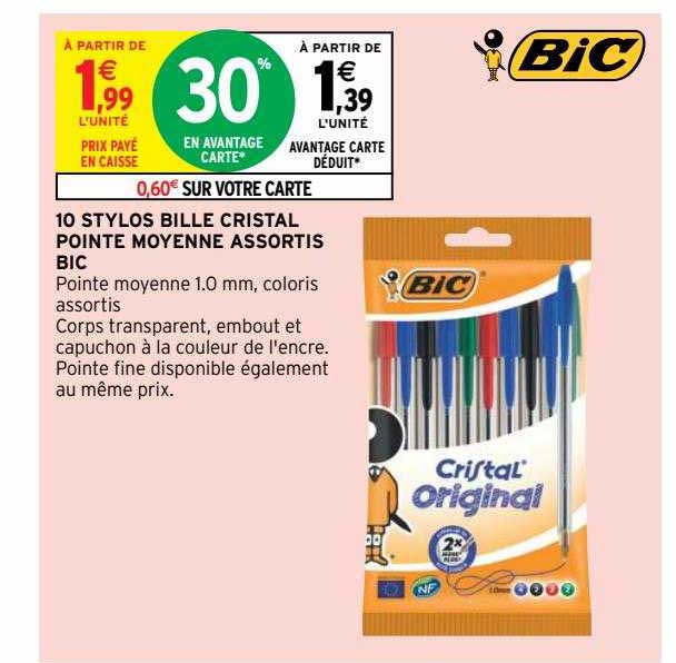 10 Stylos Bille Cristal Pointe Moyenne Assortis Bic