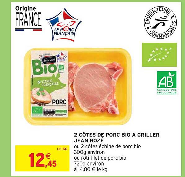 2 côtes de porc bio à griller jean rozé