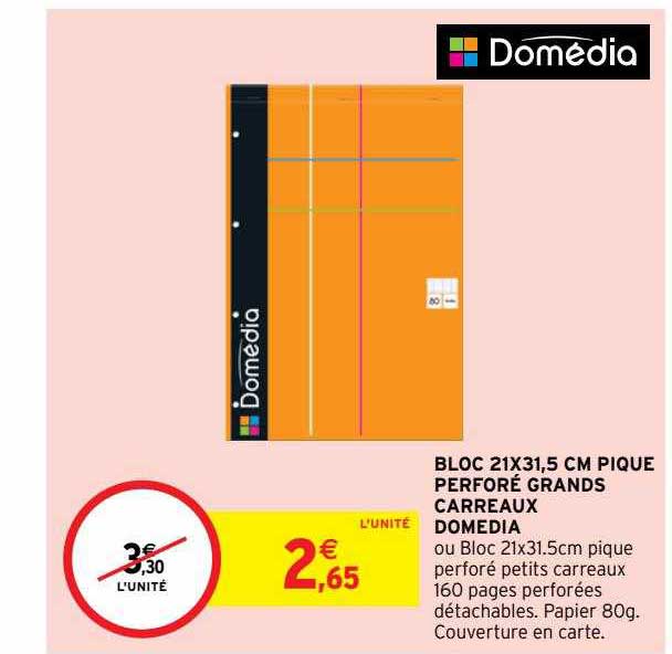 Bloc 21x31.5 Cm Pique Perforé Grands Carreaux Domedia