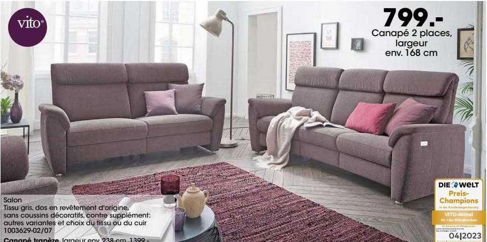 canapé 2 places, largeur env. 168 cm