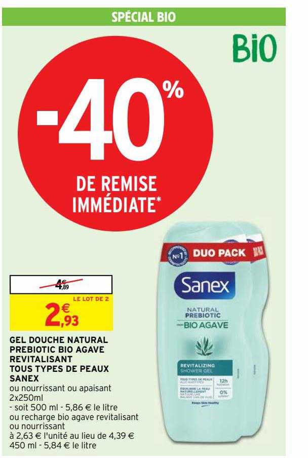 gel douche natural prebiotic bio agave revitalisant tous types de peaux sanex