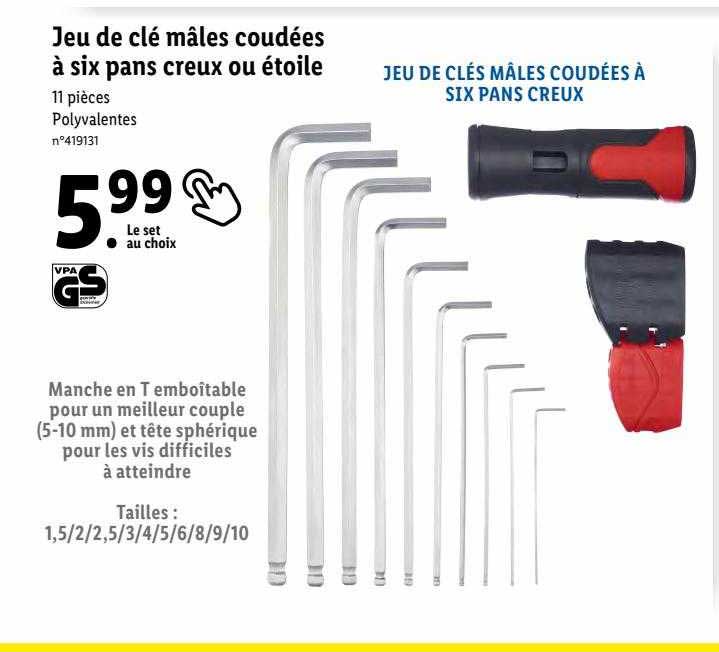 jeu de clé mâles coudées à six pans creux ou étoile