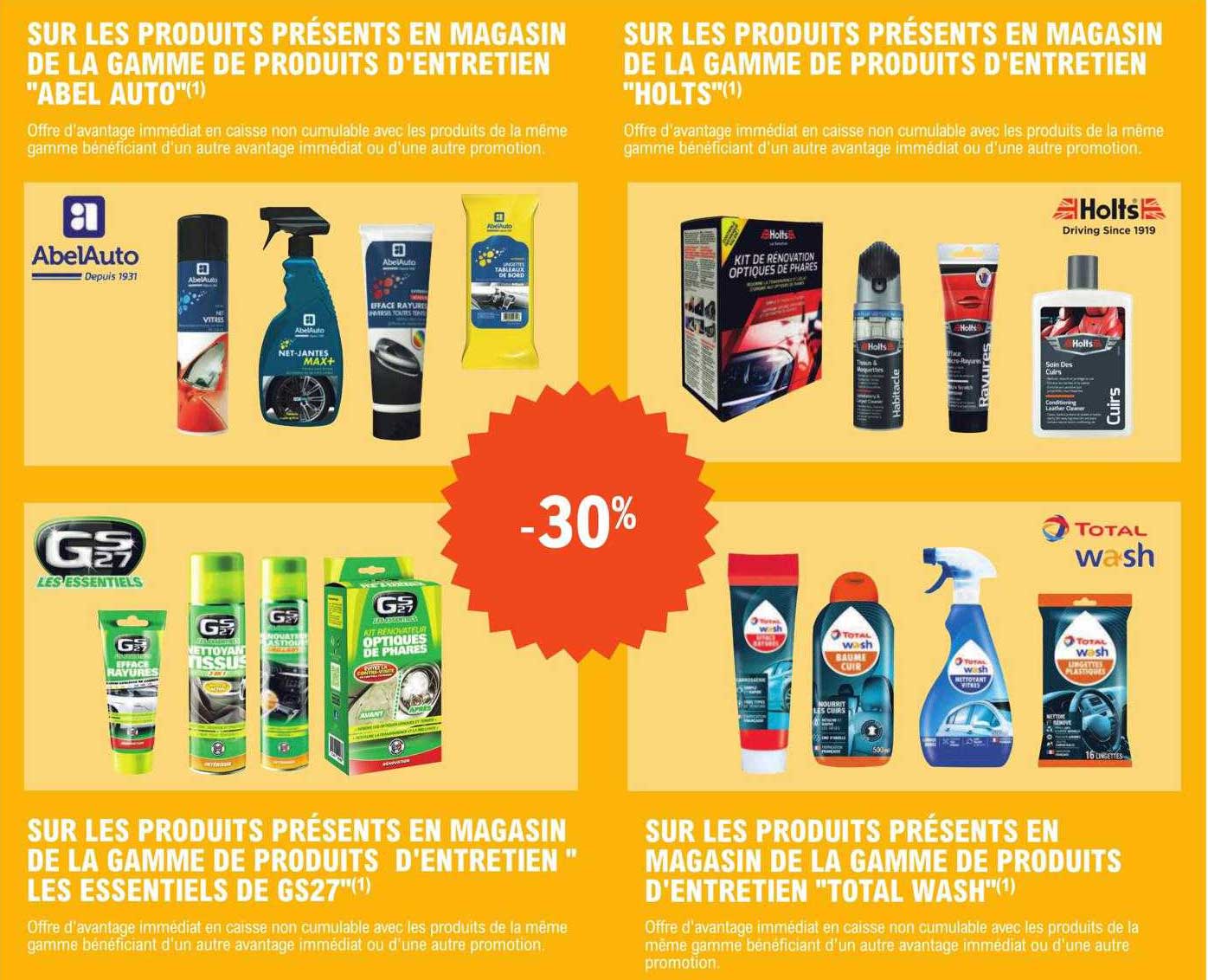 la gamme de produits d'entretien "abel auto", la gamme de produits d'entretien "holts", la gamme de produits d'entretien les essentiels de gs27, la gamme de produits d'entretien "total wash"