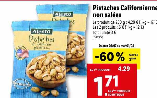 pistaches californienne non salées alesto