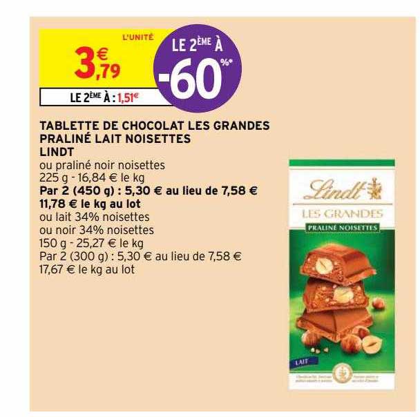 tablette de chocolat les grandes praliné lait noisettes lindt