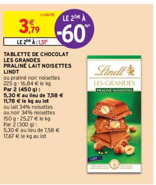 tablette de chocolat les grandes praliné lait noisettes lindt