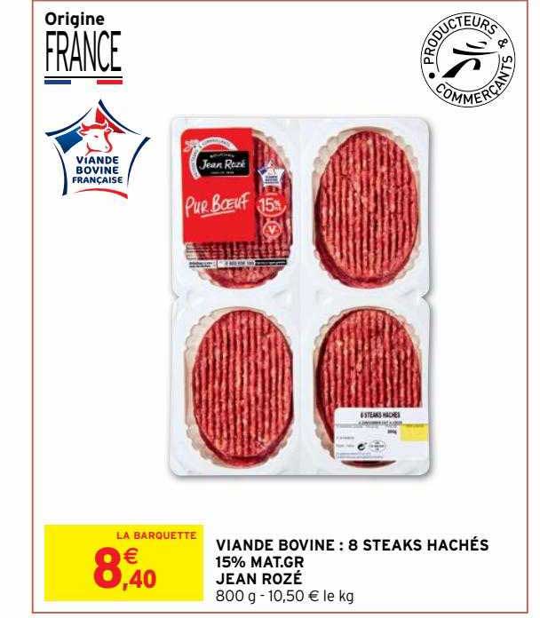 viande bovine : 8 steaks hachés 15% mat.gr jean rozé