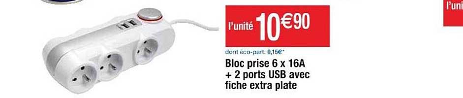 bloc prise 6 x 16a + 2 ports usb avec fiche extra plate
