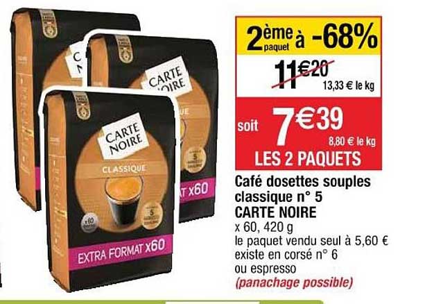 Café Dosettes Souples Classique N°5 Carte Noire Le 2e à -68%