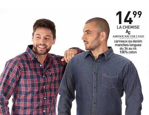 carreaux ou denim manches longues du 36 au 44 100 coton american college