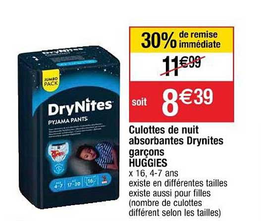 culottes de nuit absorbantes drynites garçons huggies 30% de remise immédiate