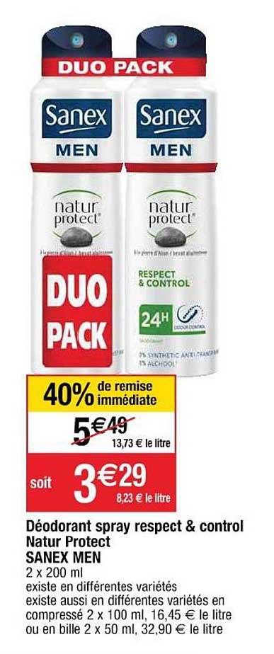 déodorant spray respect & control natur protect sanex men 40% de réduction immédiate