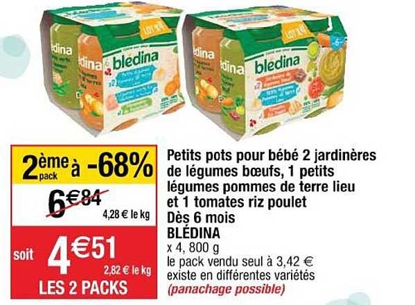 petits pots pour bébé 2 jardinères de légumes boeufs 1 petits légumes pommes de terre lieu et 1 tomates riz poulet blédina  le 2e à -68%