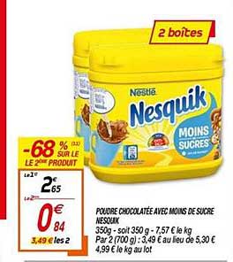 Poudre Chocolatée Avec Moins De Sucre Nesquik Nestlé -68% Sur Le 2e