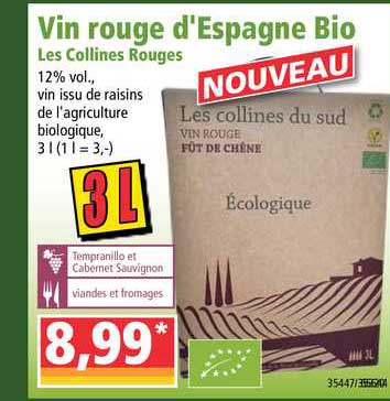vin rouge d'espagne bio les collines rouges