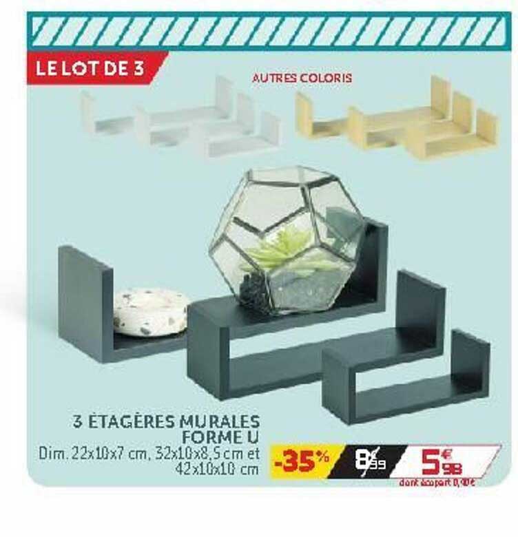3 étagères murales forme u