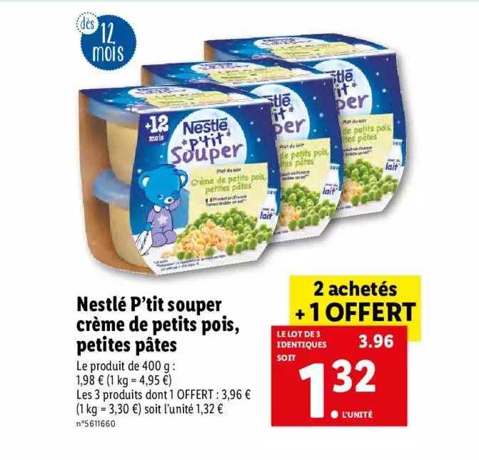 nestlé p'tit souper crème de petits pois, petites pâtes