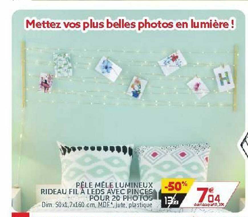 pêle mêle lumineux rideau fil à leds avec pinces pour 20 photos
