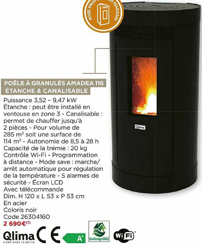 poêle à granulés étanche & canalisable amadea 116 qlima